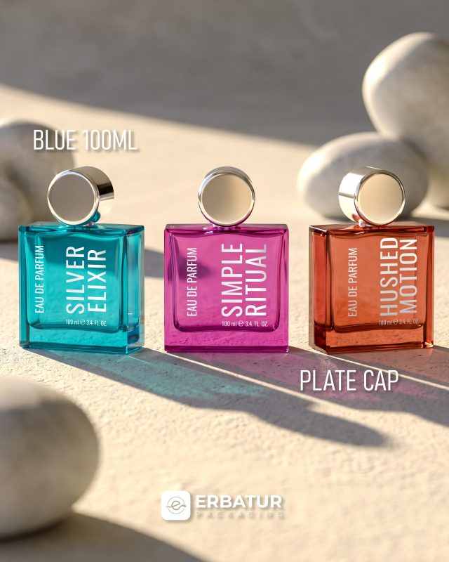 BLUE 100 ML ve PLATE Kapak, modern, güçlü ve çok yönlü bir parfüm ambalajı kombinasyonu su...